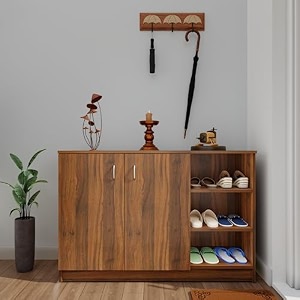viki  shoe rack with doors and open shelves shoe storageshoe cabinet for hallway organizer unit for entryway width 120cms brussel walnut colour  1 year warranty