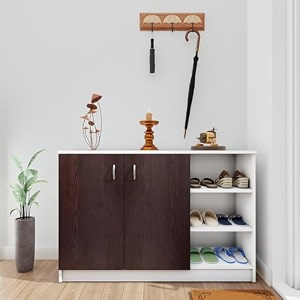 viki  shoe rack with doors and open shelves shoe storageshoe cabinet for hallway organizer unit for entryway width 120cms frosty white amp dark wenge colour  1 year warranty
