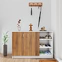 VIKI | Shoe Rack with Doors and Open Shelves, Shoe Storage,Shoe Cabinet for Hallway, Organizer Unit for Entryway, Width 120cms, Frosty White &amp; Brussel Walnut Colour | 1 Year Warranty