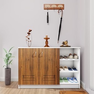 viki  shoe rack with ventilated doors and open shelves shoe storageshoe cabinet for hallway organizer unit for entryway width 120cms frosty white amp brussel walnut colour  1 year warranty