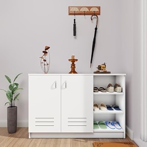 viki  shoe rack with ventilated doors and open shelves shoe storageshoe cabinet for hallway organizer unit for entryway width 120cms frosty white colour  1 year warranty