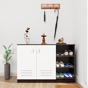 viki  shoe rack with ventilated doors and open shelves shoe storageshoe cabinet for hallway organizer unit for entryway width 120cms dark wenge amp frosty white colour  1 year warranty