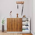 VIKI | Shoe Rack with Ventilated Doors and Open Shelves, Shoe Storage,Shoe Cabinet for Hallway, Organizer Unit for Entryway, Width 120cms, Frosty White &amp; Brussel Walnut Colour | 1 Year Warranty
