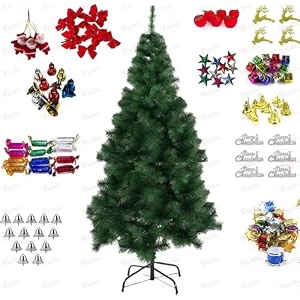 vikrida 75 feet artificial pine green christmas tree with 150pcs decorative ornaments xmas tree with sturdy metal stand