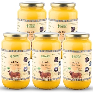 village company organic a2 gir cow ghee bilona method  pure a2 cow ghee 1 litre pack of 5  curd-churned desi cow ghee  gir cow ghee  vedic ghee  grassfed pure natural amp healthy  glass bottle