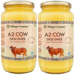 village company organic a2 gir cow ghee bilona method  pure a2 cow ghee 1 litre pack of 2  curd-churned desi cow ghee  gir cow ghee  vedic ghee  grassfed pure natural amp healthy  glass bottle