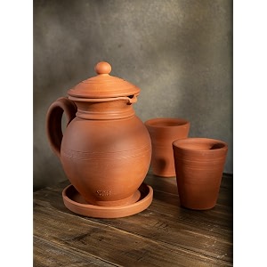 village decor handmade terracotta preseasoned water jug 15 liter with bottom tray amp glass