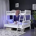 VINGLI Bunk Bed Twin Over Full Size with 15 inches Extra Tall Guardrail/LED Light/Charging Station, Convertible Solid Wood Space-Saving Bed for Small Space, Heavy Duty Wood Slats Support, White