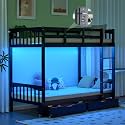 VINGLI Solid Wood Bunk Bed Twin Over Twin with 2 Wooden Storage Drawers/RGB LED/Charging Station,Convertible Bunk Bed Frame with 15 inches High Safety Guardrail and Ladders for Kids,Black