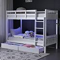 VINGLI Solid Wood Bunk Bed Twin with 2 Storage Drawers/RGB LED/Charging Station, Twin Over Twin Wooden Bed Frame with 15 inches High Safety Guardrail and Ladders for Kids, White