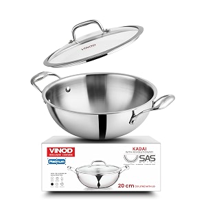 vinod triply stainless steel extra deep kadai with glass lid - 19 l 20 cm