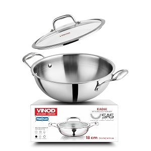 vinod triply stainless steel extra deep kadai with glass lid - 13 l 18 cm