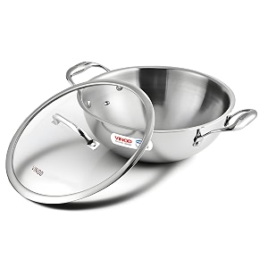 vinod triply stainless steel extra deep kadai with glass lid - 5 l 28 cm