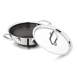 vinod sas pro platinum triply stainless steel kadai - 26 cm 32 l  hexashield design stick-resistant surface  metal spatula safe  less oil healthy cooking  induction amp gas base  pfoa free
