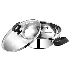 vinod stainless steel deluxe kadhai with glass lid - 12 litre 18cm  extra thick sas bottom  soft handle  kadai for cooking  induction base  2 year warranty - silver