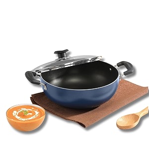 vinod zest aluminium non stick deep kadhai with glass lid - 41 litre 26cm  3 layer ceramic coating  3 mm thick  metal spoon friendly  gas base toxin free - 1 year warranty