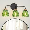 Vintage 3 Light Vanity Light, Black and Gold Bathroom Vanity Light, Bathroom Light Fixtures with Green Glass Shade, Antique Vanity Light Fixtures Over Mirror, Wall Sconce for Bedroom, Living Room