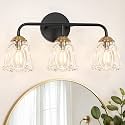 Daunton Vintage 3 Light Vanity Light, Black and Gold Bathroom Vanity Light, Bathroom Light Fixtures with Glass Shade, Antique Vanity Light Fixtures Over Mirror, Wall Sconce for Bedroom, Living Room