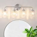 Daunton Vintage 4-Light Brushed Nickel Bathroom Light Fixtures, Elegant Bathroom Vanity Lights Over Mirror, Vanity Lighting with Clear Shade, Art Deco Wall Sconce Lighting for Bedroom