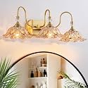 3-Light Vintage Gold Bathroom Vanity Light Fixture, Amber Wall Sconce