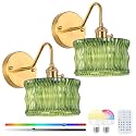 Vintage Battery Operated Wall Sconce Set of 2, Wireless Wall Sconces with Green Ripple Glass Lampshade Rechargeable,Wall Lights with 12 Colors RGB for Bedroom, Living Room (Green Ripple)