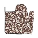Vintage Block Print Brown Oven Mitts and Pot Holders Sets Floral Vine Oven Mitts Heat Resistant Flowers Kitchen Gloves Hot Pads Two Piece Set for Cooking Baking Grilling BBQ
