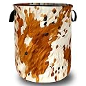 Brown Cowhide Laundry Basket Oxford Cloth Foldable Hamper 18.9x16.5 Inch