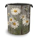 Vintage Daisy Laundry Basket,Wooden Butterfly Oxford Cloth Laundry Hamper with Handle Foldable Portable Clothes Storage Basket for Bathroom Bedroom Dorm Room 16" x 20.8"