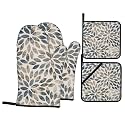 Vintage Floral Oven Mitts and Pot Holders Sets - Dahlia Kitchen Mitts Potholders 4 Pack Heat Resistant Brown Blue Flower Oven Gloves Hot Pads for Kitchen Baking Grilling Party