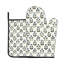 Vintage Floral Oven Mitts and Pot Holders Sets Blue Green Flowers Oven Mitts Heat Resistant Boho Plants Kitchen Gloves Hot Pads Two Piece Set for Cooking Baking Grilling BBQ