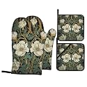 Vintage Floral Oven Mitts and Pot Holders Sets - Spring Pretty Kitchen Mitts Potholders 4 Pack Heat Resistant Retro Flower Oven Gloves Hot Pads for Kitchen Baking Grilling Party