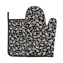 Vintage Floral Oven Mitts and Pot Holders Sets - Block Print Kitchen Mitts Potholders 2 Pack Heat Resistant Black Boho Oven Gloves Hot Pads for Kitchen Baking Grilling Party