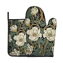 Vintage Floral Oven Mitts and Pot Holders Sets - Spring Pretty Kitchen Mitts Potholders 2 Pack Heat Resistant Retro Flower Oven Gloves Hot Pads for Kitchen Baking Grilling Party