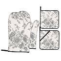 Vintage Floral Oven Mitts and Pot Holders Sets - Grey Floral Kitchen Mitts Potholders 4 Pack Heat Resistant Farmhouse Flower Oven Gloves Hot Pads for Kitchen Baking Grilling Party