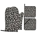 Vintage Floral Oven Mitts and Pot Holders Sets - Block Print Kitchen Mitts Potholders 4 Pack Heat Resistant Black Boho Oven Gloves Hot Pads for Kitchen Baking Grilling Party