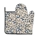 Vintage Floral Oven Mitts and Pot Holders Sets - Dahlia Kitchen Mitts Potholders 2 Pack Heat Resistant Brown Blue Flower Oven Gloves Hot Pads for Kitchen Baking Grilling Party