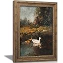 Vintage Gold Framed Duck Wall Art, Rustic Farmhouse Duck Lake Landscape Painting Canvas Prints, Pond Wildlife Wall Decor, Cottagecore Ducklings Poster Artwork for Living Room Bedroom Kitchen 16x24in