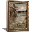 Vintage Gold Framed Landscape Wall Art, Fall River Scenery Oil Painting Canvas Print, Antique Impressionist Country Lake Wall Decor, Rustic Farmhouse Poster Artwork for Living Room Bedroom, 9x11in