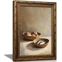 Vintage Gold Framed Still Life Wall Art, Rustic Bread and Fish Painting Canvas Prints, Retro Farmhouse Kitchen Wall Decor, Classic Salted Fish Poster Artwork for Dining Room Kitchen Living Room, 12x16