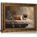 Vintage Gold Framed Still Life Wall Art, Christian Kitchen Communion Painting Canvas Prints, Bread Wine Olive Branch Religion Wall Decor, Classic Rustic Food Artwork for Living Room Kitchen Dining Room, 16x24in