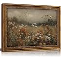 Vintage Gold Framed Wildflower Meadow Wall Art, Dark Academia Moody Floral Painting Canvas Prints, Rustic Nature Botanical Floral Wall Decor, Cottagecore Neutral Landscape Poster Artwork for Bedroom Living Room, 16x24in