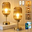 Vintage Gold Table Lamps Set of 2 Touch Control, Small Desk Lamp with Amber Glass Shade, Bulb, Charging Port, Mid Century Modern Bedside Lamp, 3 Way Dimmable Nightstand Lamp for Bedroom Living Room
