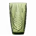 Vintage Green Drinking Glass, 16 oz Hand-Pressed Deep Textured Glass Cup, Fern Embossed Retro Glassware, Decorative Tumbler for Water, Cocktails & Juice, Boho Colored Kitchen Drinkware, Unique Gift