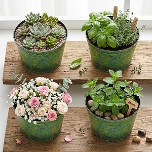 vintage green metal flower pots set of 4 rustic planters
