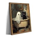 Vintage Halloween Bathroom Wall Art, Cute Ghost Black Cat Bathtub Canvas Wall Decor Painting, Spooky Halloween Artwork Prints Pictures for Bedroom Restroom Bathroom 12x16 Inch Wood Framed