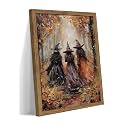 Vintage Halloween Witch Wall Art, Fall Forest Three Witches Canvas Wall Decor Painting, Dark Halloween Witch Artwork Prints Pictures for Living Room Bedroom 16x24 Inch Wood Framed