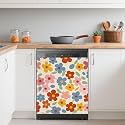 70s Groovy Flowers Dishwasher Magnets Decorative Cover,Retro Floral Waterproof Magnetic Dishwasher Cover Panel,Refrigerator Magnet Cover for Kitchen Home Decor 23x26 Inch