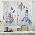 Vintage Nautical Sailboat Kitchen Curtains Lighthouse Compass Anchor Small Short Cafe Window Curtains Sea Ocean Rod Pocket Bathroom Drapes Treatment Tier Curtains 2 Panels (27.5x39 Inch)