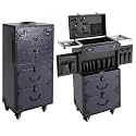 Vintage Rolling Makeup Case Large Storage Cosmetic Trolley for Hairstylists with Combination Lock Metal Wheels Mobile Toolbox for Salon Nail Artists Blue