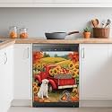 Autumn Sunflower Pumpkin Dishwasher Magnets Decorative Cover,Red Truck Dog Waterproof Magnetic Dishwasher Cover Panel,Refrigerator Magnet Cover for Kitchen Home Decor 23x26 Inch